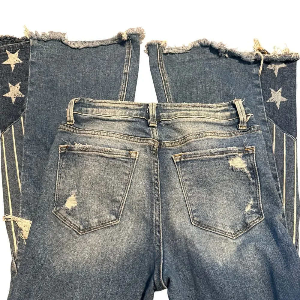 Bridge by GLY High Rise Super Flare Patriotic Jeans, Star Distressed, Size 27 - Picture 6 of 9